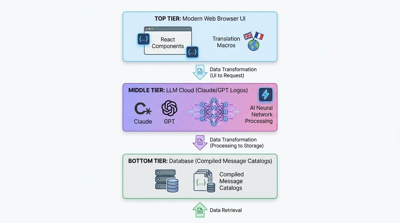 Technical flow diagram: web UI → AI translation cloud → database, teeno tiers arrows se connected hain